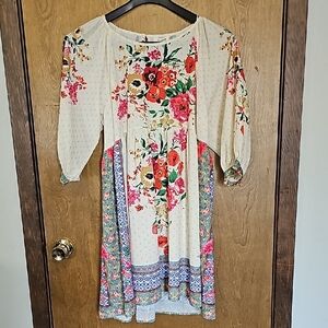 White and Red Colored Floral Midi Dress with Tiered Design